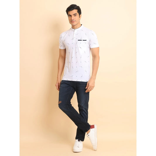 Indoraa Men's Casual Cotton Printed Mandarin Collar Half Sleeve T-Shirt (White)