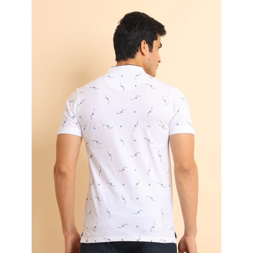 Indoraa Men's Casual Cotton Printed Mandarin Collar Half Sleeve T-Shirt (White)