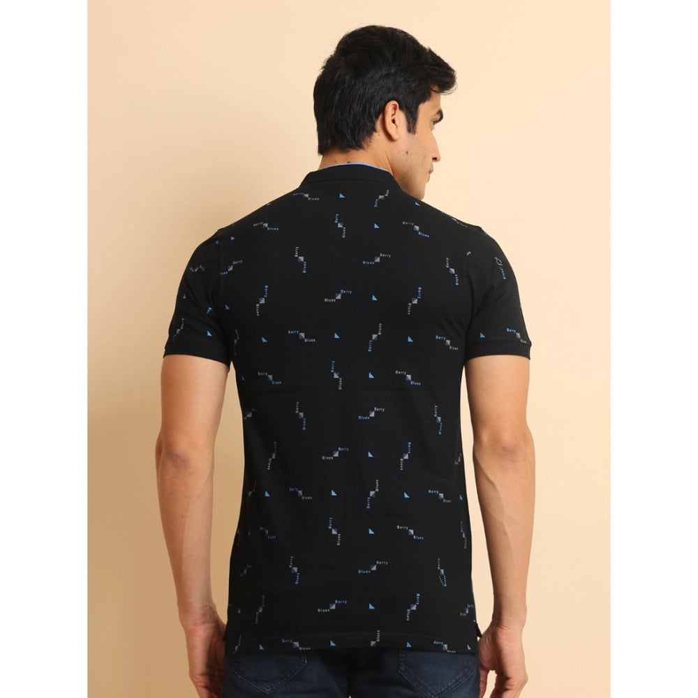 Indoraa Men's Casual Cotton Printed Mandarin Collar Half Sleeve T-Shirt (Navy)