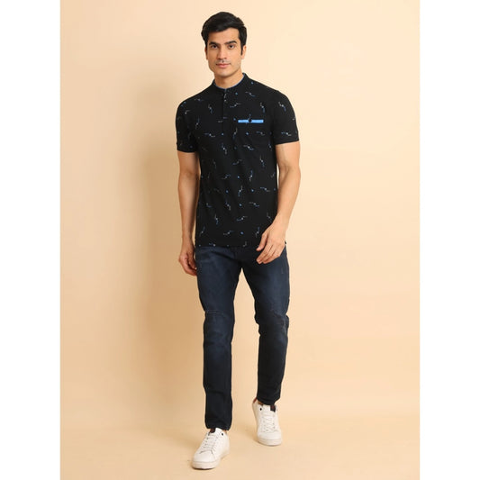 Indoraa Men's Casual Cotton Printed Mandarin Collar Half Sleeve T-Shirt (Navy)