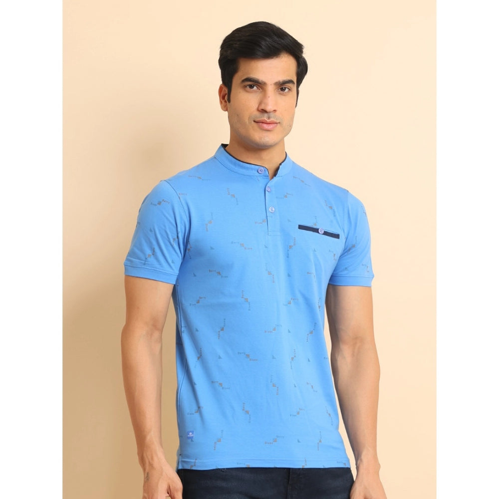 Indoraa Men's Casual Cotton Printed Mandarin Collar Half Sleeve T-Shirt (LightBlue)