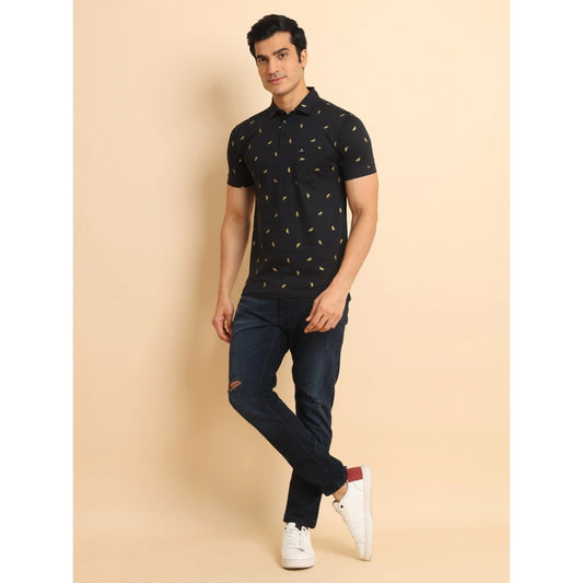 Indoraa Men's Casual Cotton Printed Polo Neck Half Sleeve T-Shirt (Black)
