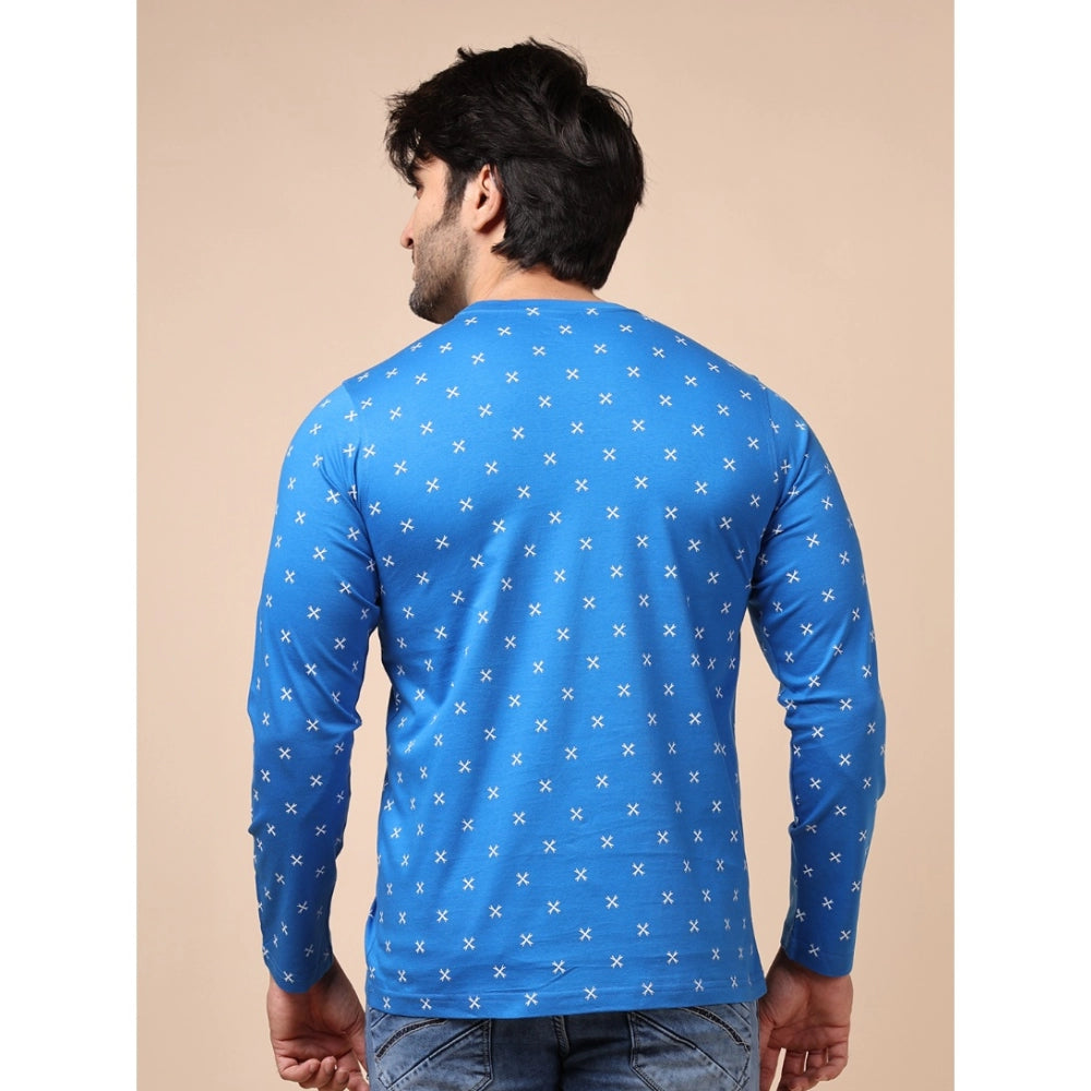 Indoraa Men's Casual Cotton Printed Round Neck Full Sleeve T-Shirt (Blue)