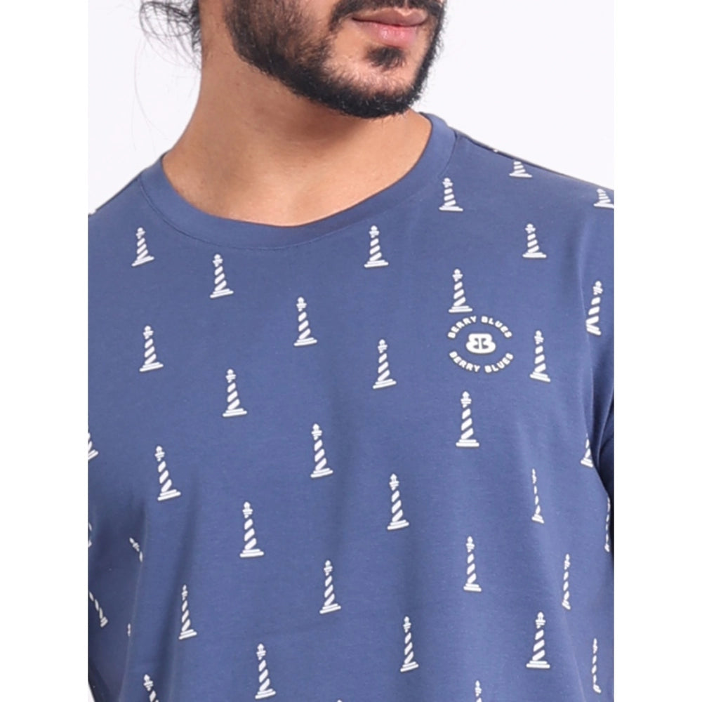 Indoraa Men's Casual Cotton Printed Round Neck Half Sleeve T-Shirt (Blue)
