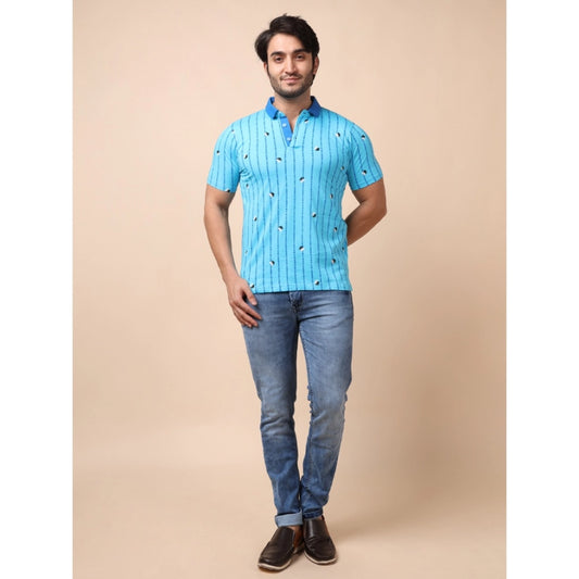 Indoraa Men's Casual Cotton Printed Polo Neck Half Sleeve T-Shirt (Skyblue)