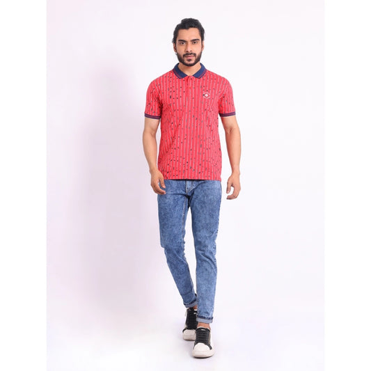 Indoraa Men's Casual Cotton Printed Polo Neck Half Sleeve T-Shirt (Red)