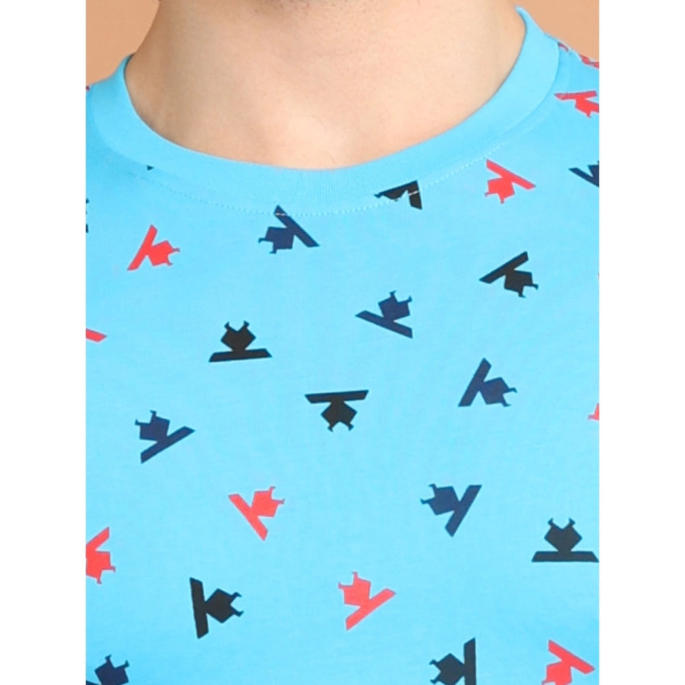 Indoraa Men's Casual Cotton Printed Round Neck Half Sleeve T-Shirt (Skyblue)