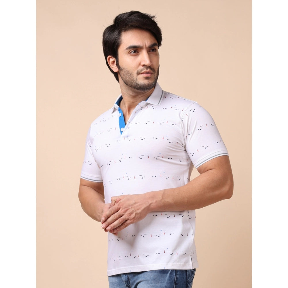 Indoraa Men's Casual Cotton Printed Polo Neck Half Sleeve T-Shirt (White)