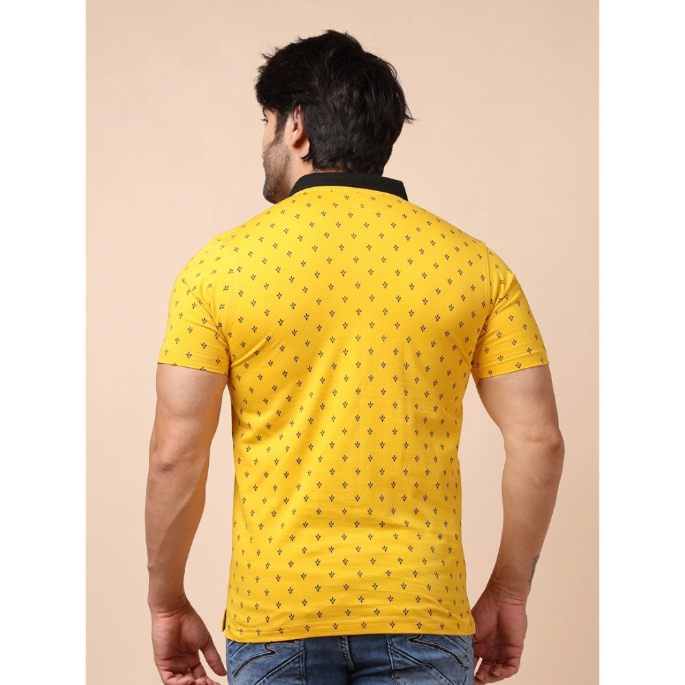 Indoraa Men's Casual Cotton Printed Polo Neck Half Sleeve T-Shirt (Yellow)