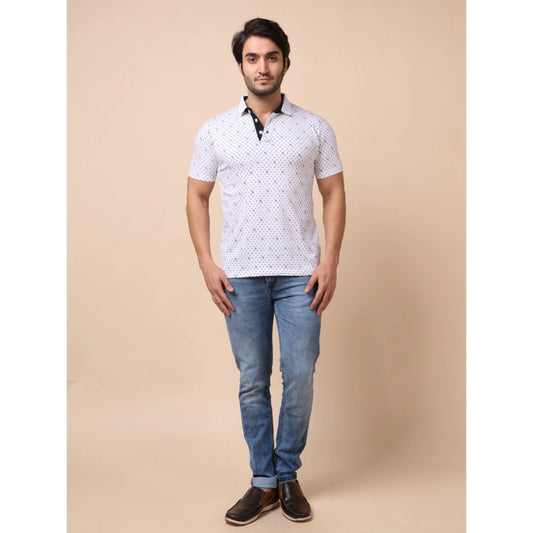 Indoraa Men's Casual Cotton Printed Polo Neck Half Sleeve T-Shirt (White)