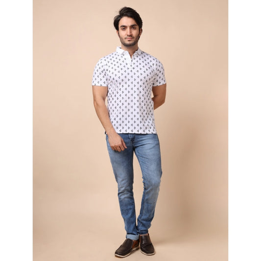Indoraa Men's Casual Cotton Printed Polo Neck Half Sleeve T-Shirt (White)