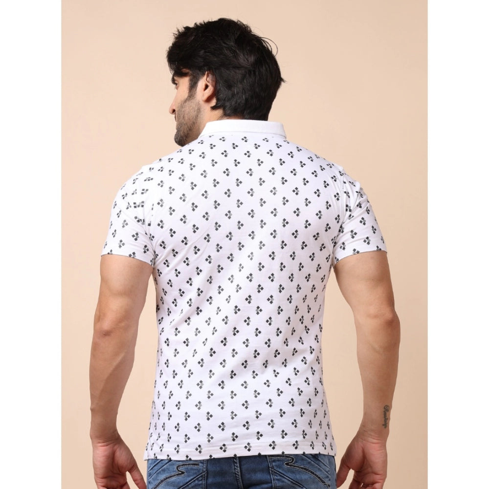 Indoraa Men's Casual Cotton Printed Polo Neck Half Sleeve T-Shirt (White)