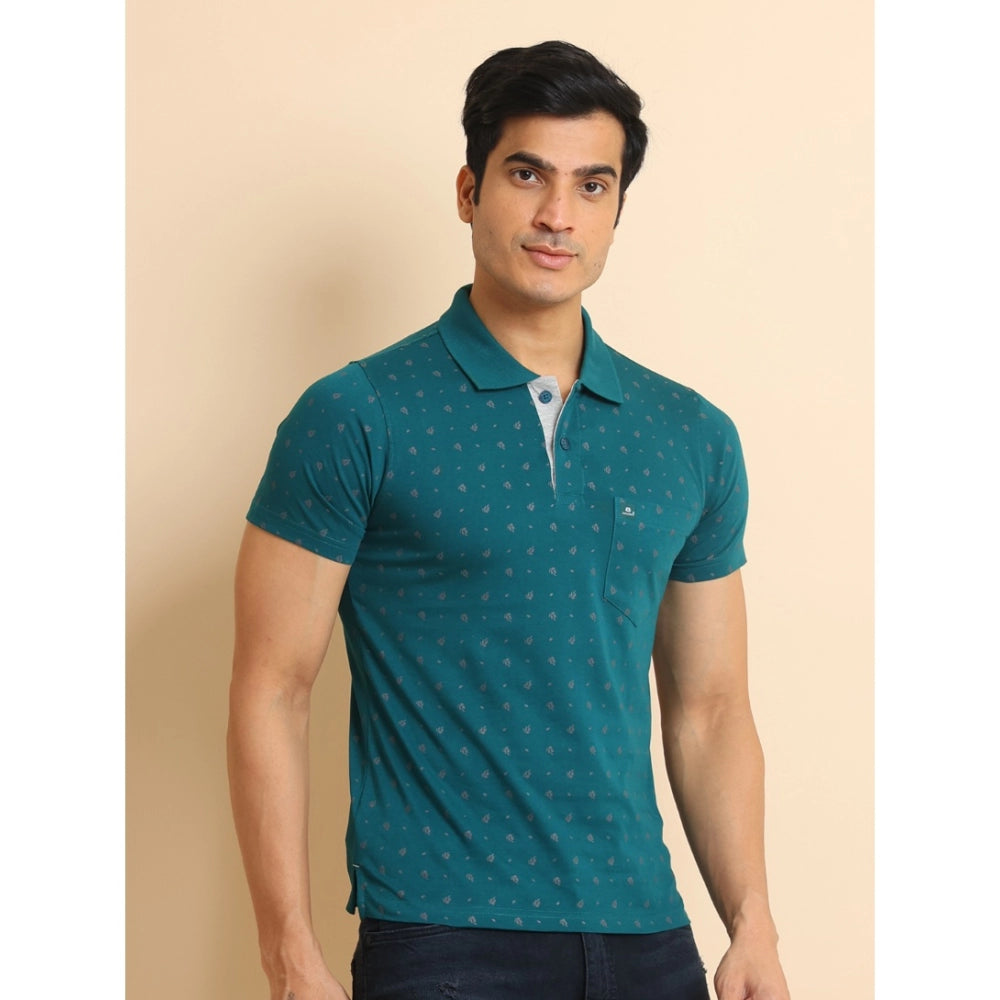 Indoraa Men's Casual Cotton Printed Polo Neck Half Sleeve T-Shirt (Green)