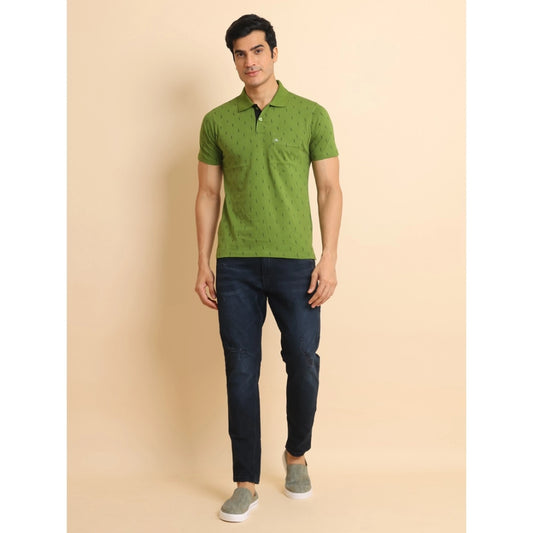 Indoraa Men's Casual Cotton Printed Polo Neck Half Sleeve T-Shirt (Green)