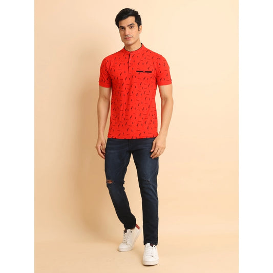 Indoraa Men's Casual Cotton Printed Mandarin Collar Half Sleeve T-Shirt (Red)