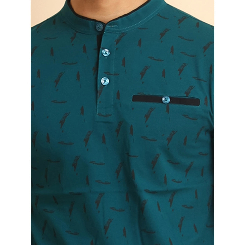 Indoraa Men's Casual Cotton Printed Mandarin Collar Half Sleeve T-Shirt (Green)