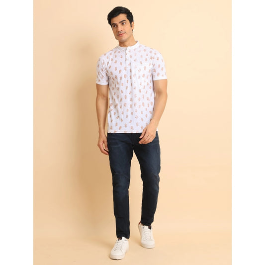 Indoraa Men's Casual Cotton Printed Mandarin Collar Half Sleeve T-Shirt (White)