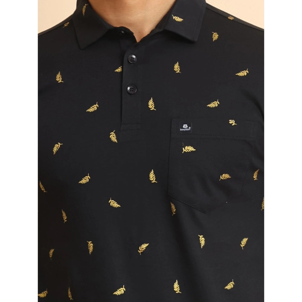 Indoraa Men's Casual Cotton Printed Polo Neck Half Sleeve T-Shirt (Black)