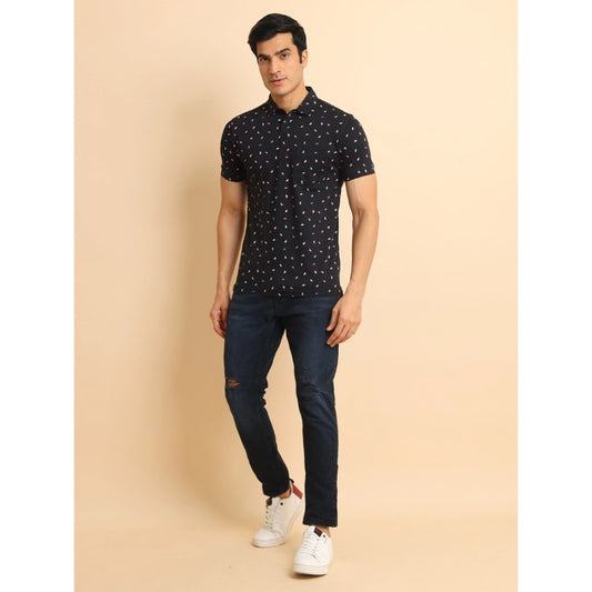 Indoraa Men's Casual Cotton Printed Polo Neck Half Sleeve T-Shirt (Black)