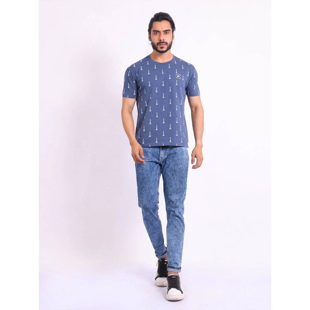 Indoraa Men's Casual Cotton Printed Round Neck Half Sleeve T-Shirt (Blue)