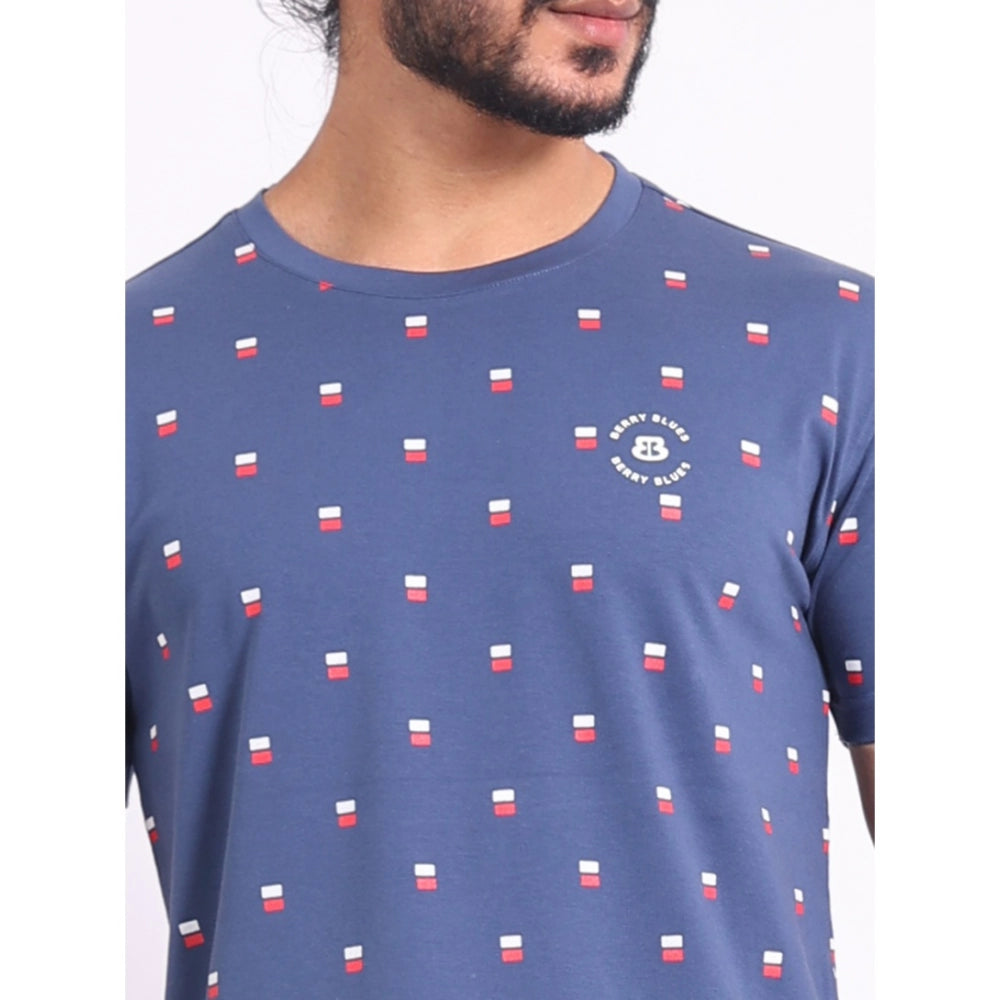 Indoraa Men's Casual Cotton Printed Round Neck Half Sleeve T-Shirt (Blue)