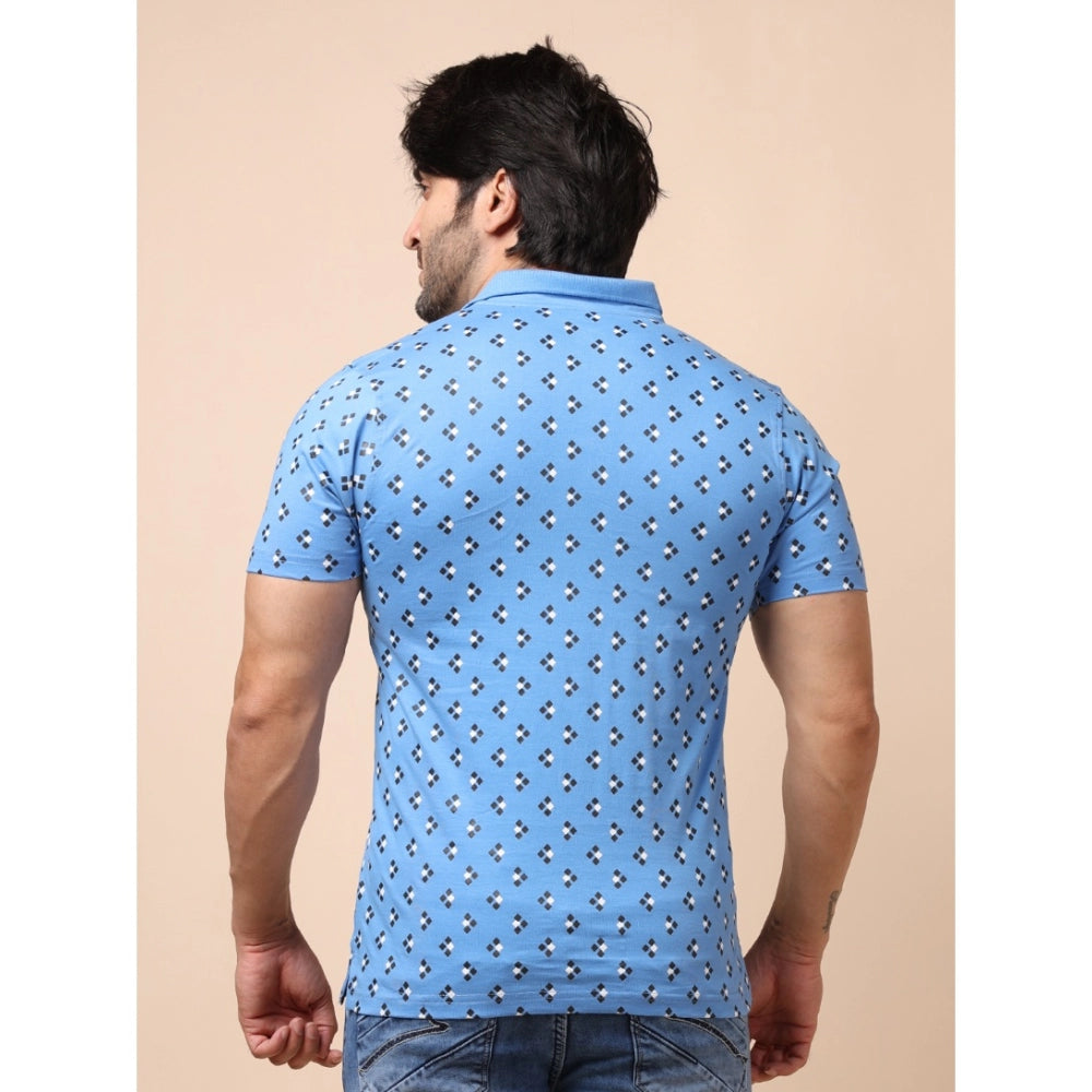 Indoraa Men's Casual Cotton Printed Polo Neck Half Sleeve T-Shirt (Blue)