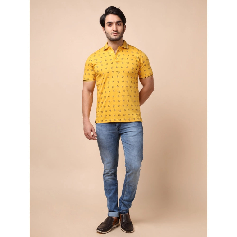 Indoraa Men's Casual Cotton Printed Polo Neck Half Sleeve T-Shirt (Mustard)