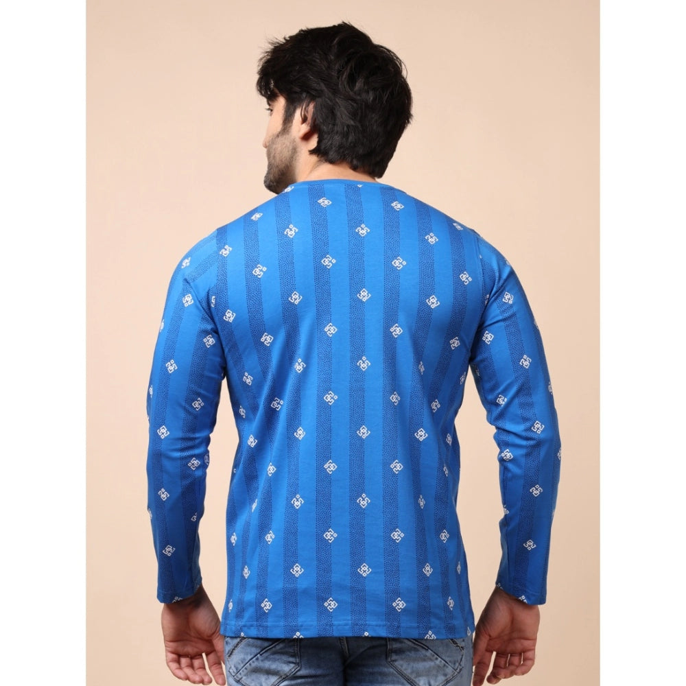 Indoraa Men's Casual Cotton Printed Round Neck Full Sleeve T-Shirt (Blue)