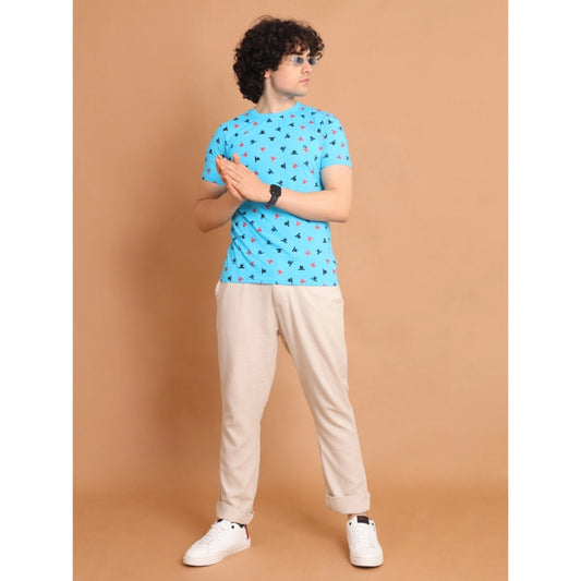Indoraa Men's Casual Cotton Printed Round Neck Half Sleeve T-Shirt (Skyblue)