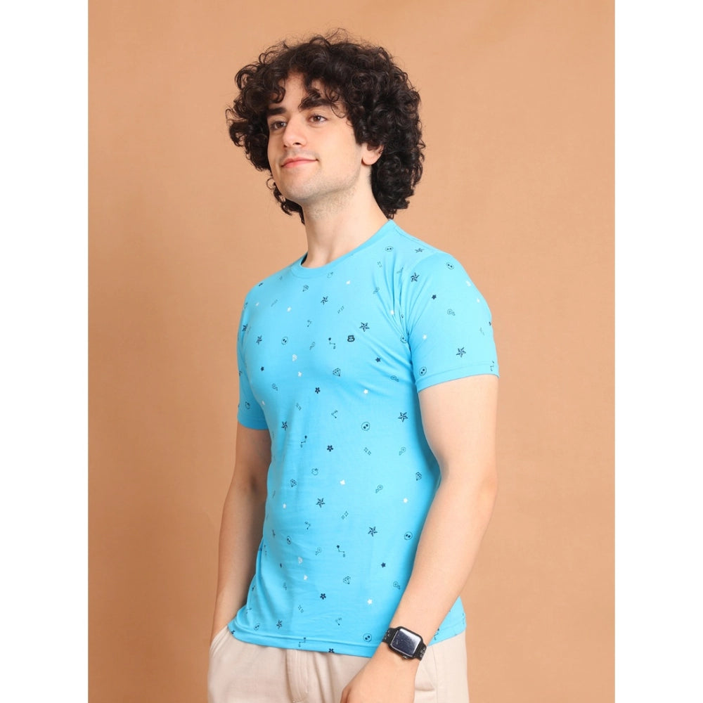 Indoraa Men's Casual Cotton Printed Round Neck Half Sleeve T-Shirt (Skyblue)
