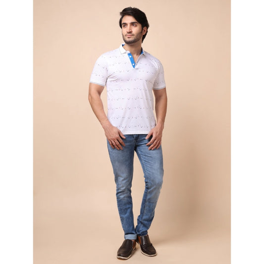 Indoraa Men's Casual Cotton Printed Polo Neck Half Sleeve T-Shirt (White)