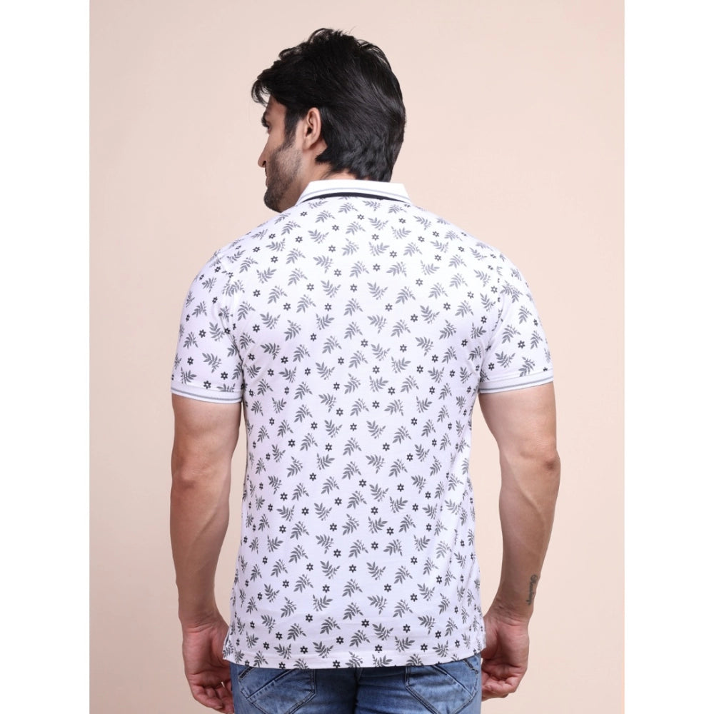 Indoraa Men's Casual Cotton Printed Polo Neck Half Sleeve T-Shirt (White)