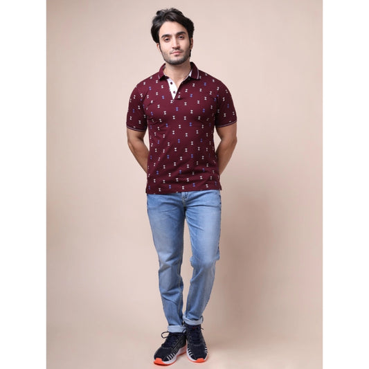 Indoraa Men's Casual Cotton Printed Polo Neck Half Sleeve T-Shirt (Plum)