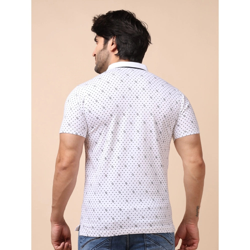 Indoraa Men's Casual Cotton Printed Polo Neck Half Sleeve T-Shirt (White)