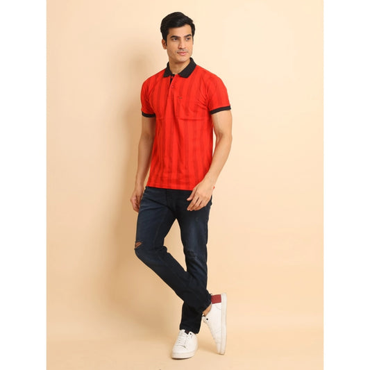 Indoraa Men's Casual Cotton Printed Polo Neck Half Sleeve T-Shirt (Red)