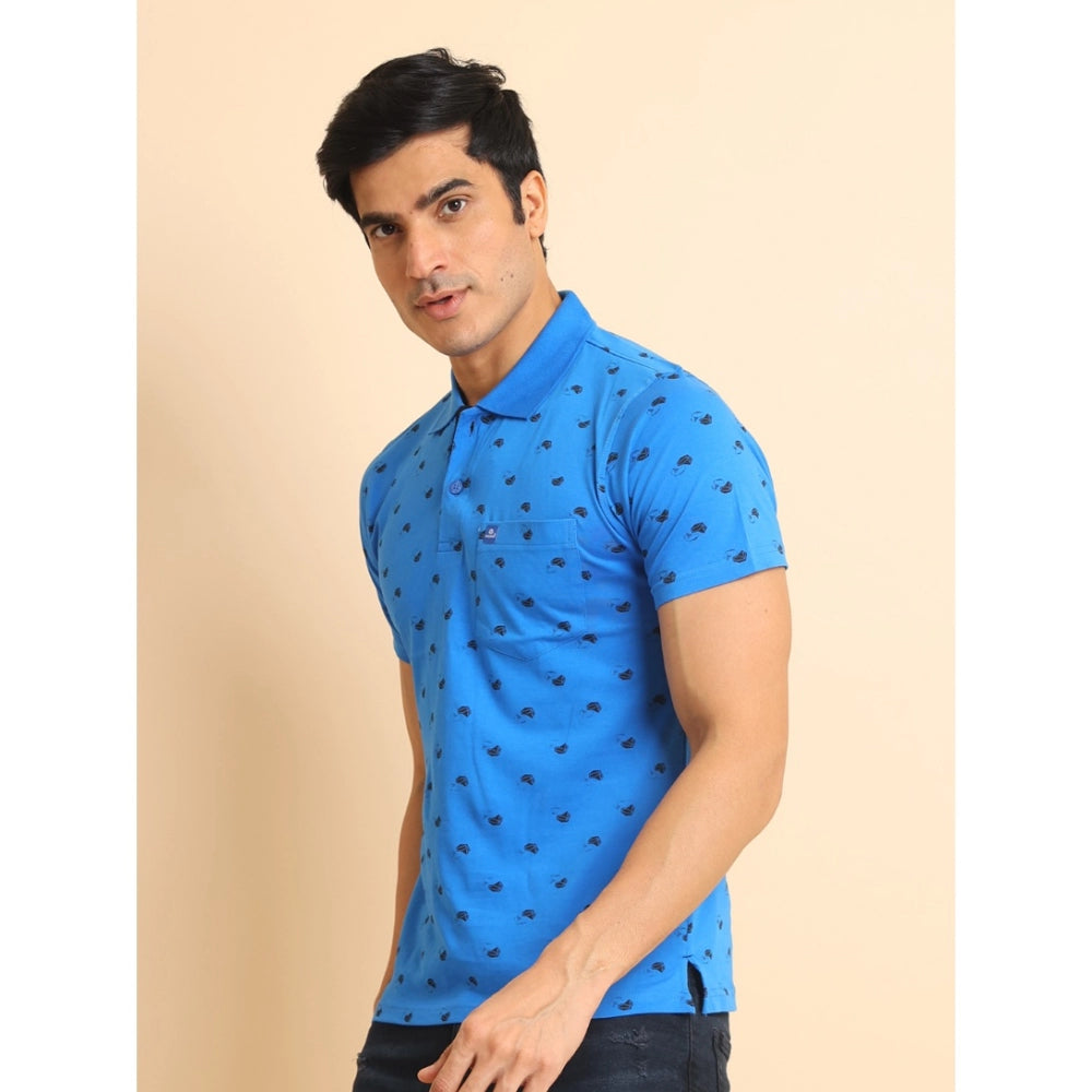 Indoraa Men's Casual Cotton Printed Polo Neck Half Sleeve T-Shirt (Blue)