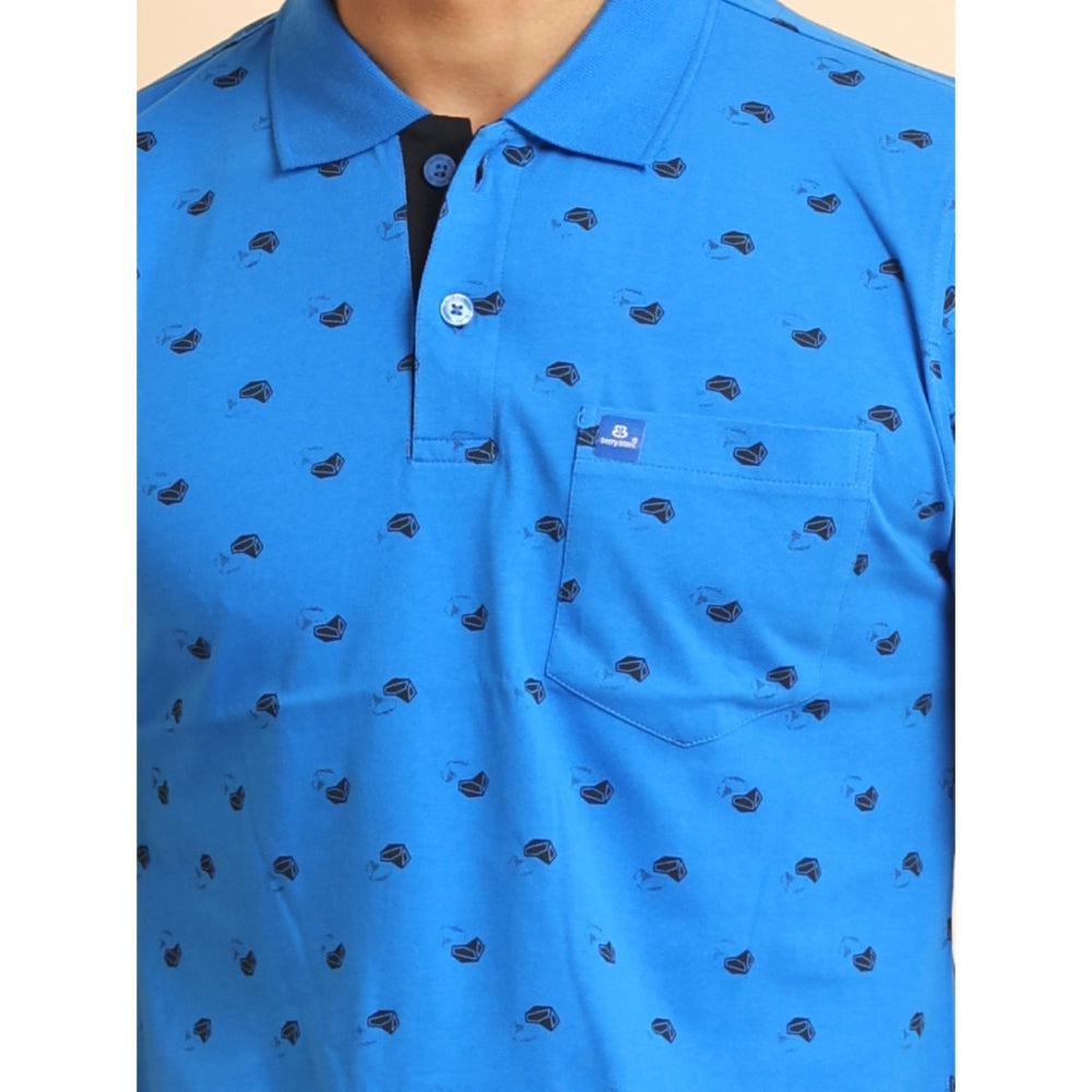Indoraa Men's Casual Cotton Printed Polo Neck Half Sleeve T-Shirt (Blue)