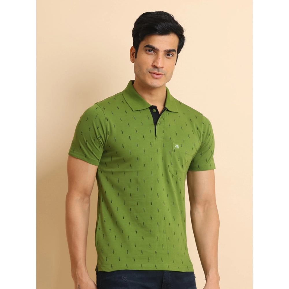 Indoraa Men's Casual Cotton Printed Polo Neck Half Sleeve T-Shirt (Green)
