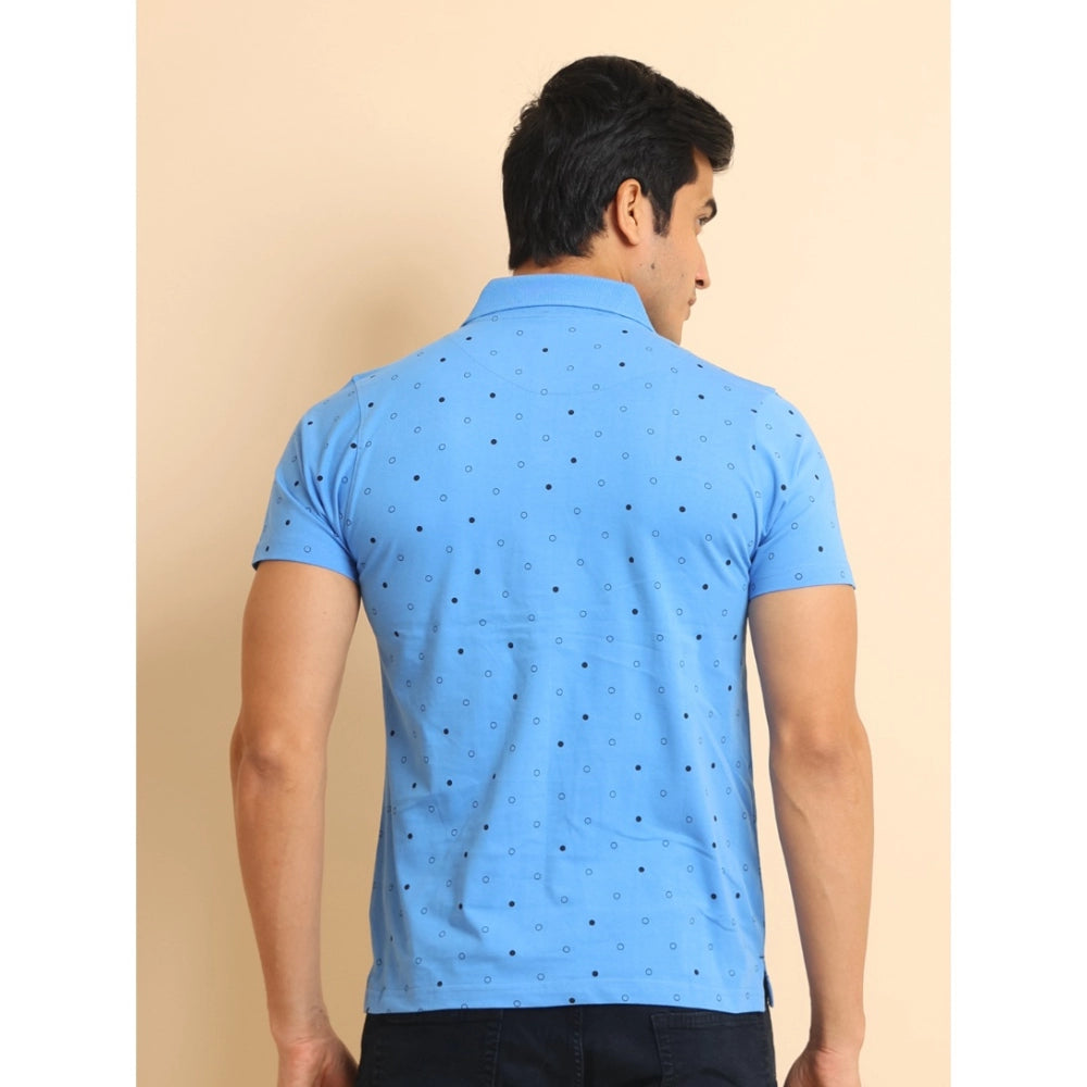 Indoraa Men's Casual Cotton Printed Polo Neck Half Sleeve T-Shirt (Blue)