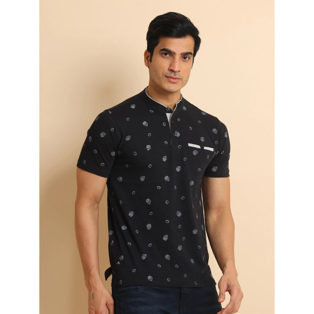 Indoraa Men's Casual Cotton Printed Mandarin Collar Half Sleeve T-Shirt (Black)