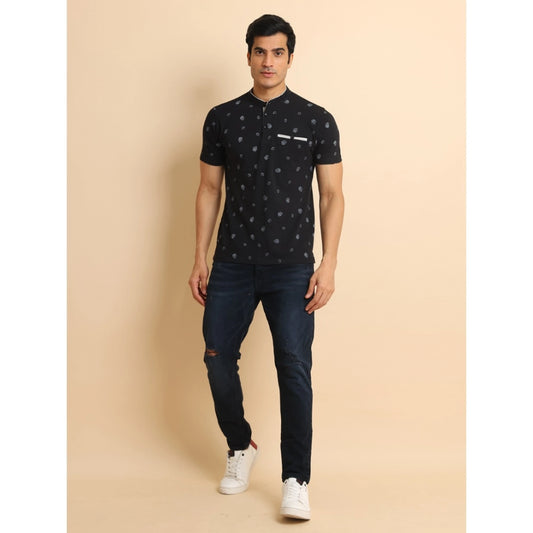 Indoraa Men's Casual Cotton Printed Mandarin Collar Half Sleeve T-Shirt (Black)
