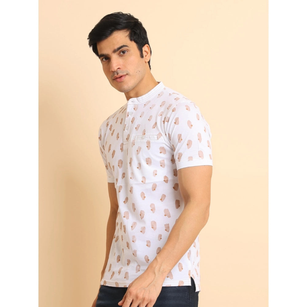 Indoraa Men's Casual Cotton Printed Mandarin Collar Half Sleeve T-Shirt (White)