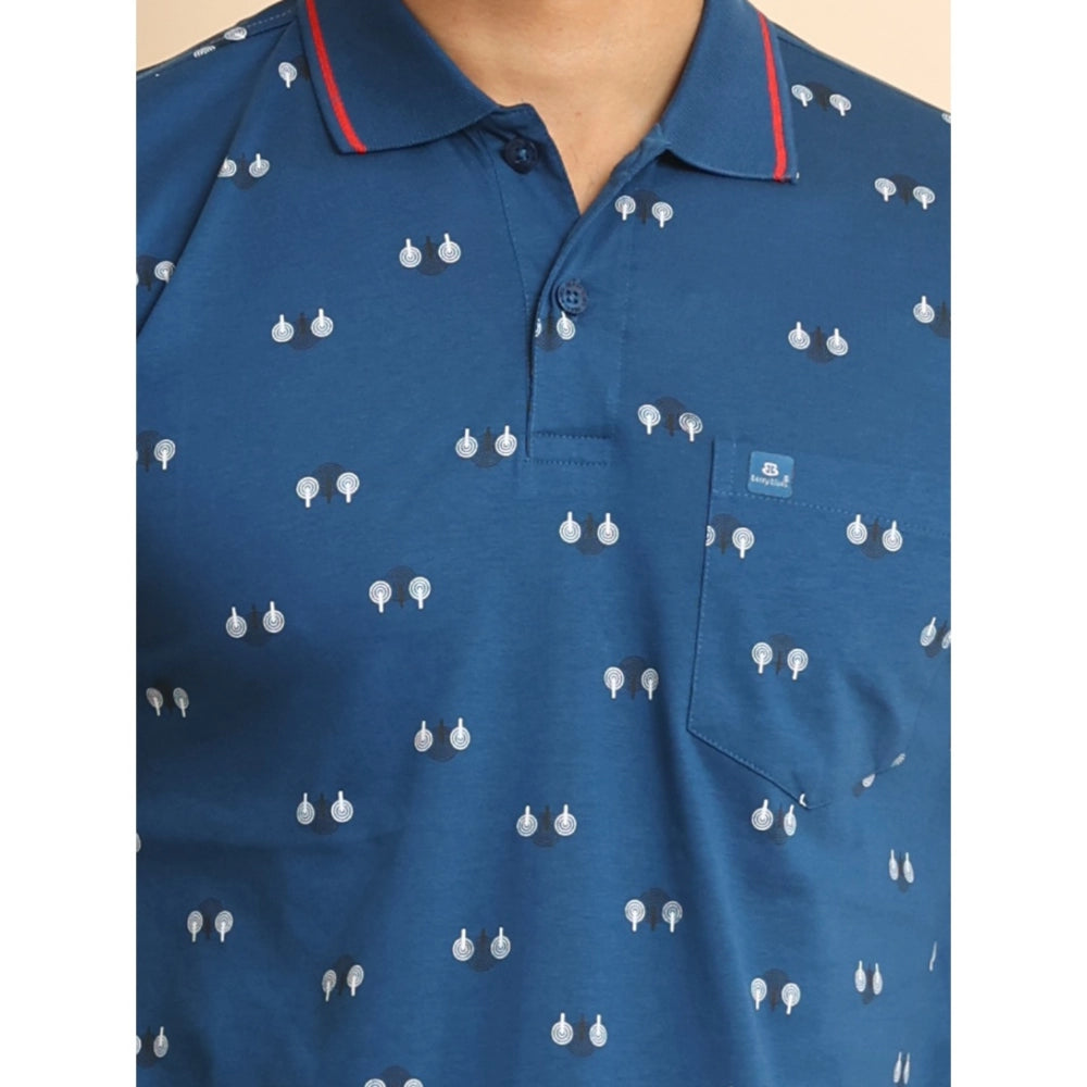 Indoraa Men's Casual Cotton Printed Polo Neck Half Sleeve T-Shirt (Blue)