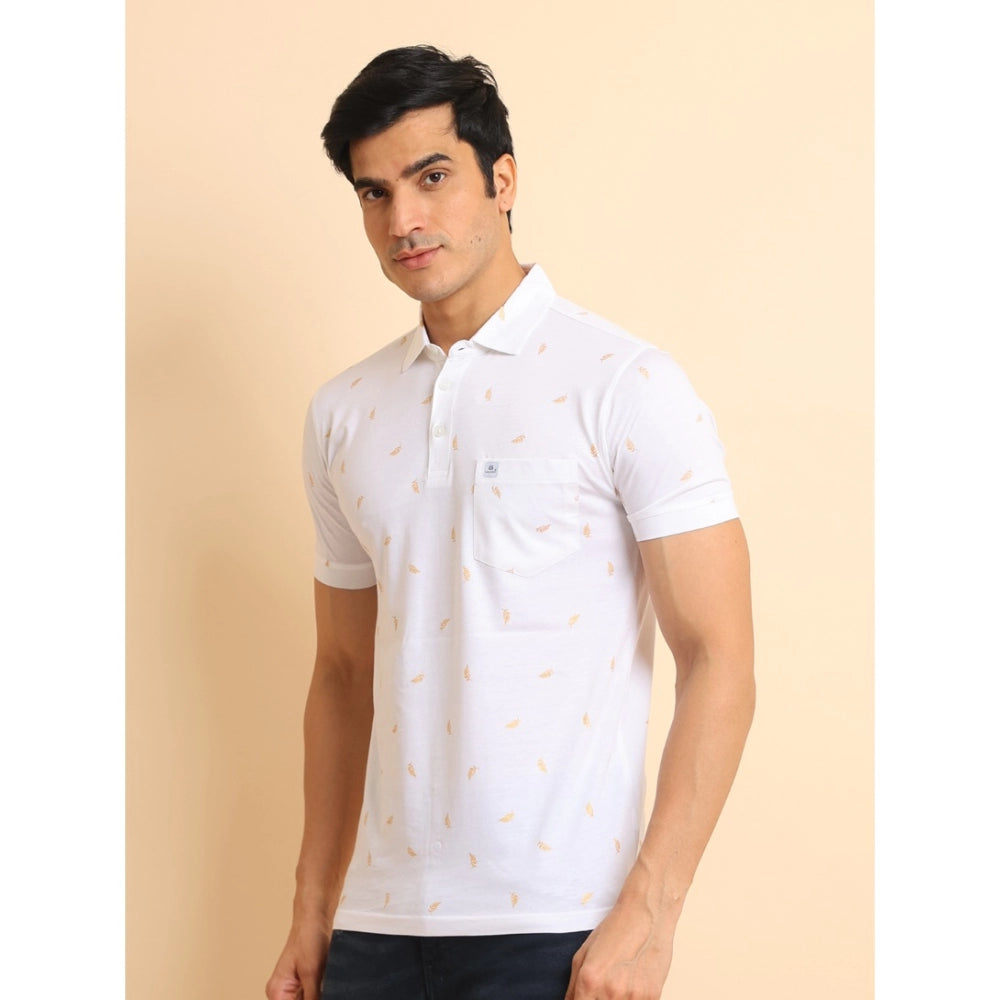 Indoraa Men's Casual Cotton Printed Polo Neck Half Sleeve T-Shirt (White)