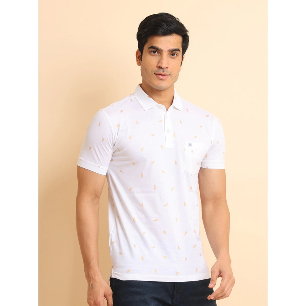 Indoraa Men's Casual Cotton Printed Polo Neck Half Sleeve T-Shirt (White)