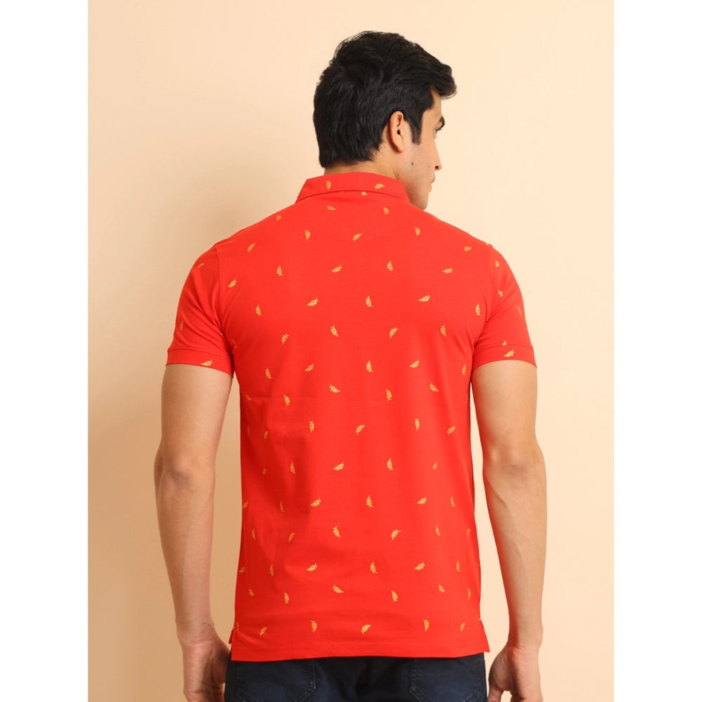 Indoraa Men's Casual Cotton Printed Polo Neck Half Sleeve T-Shirt (Red)