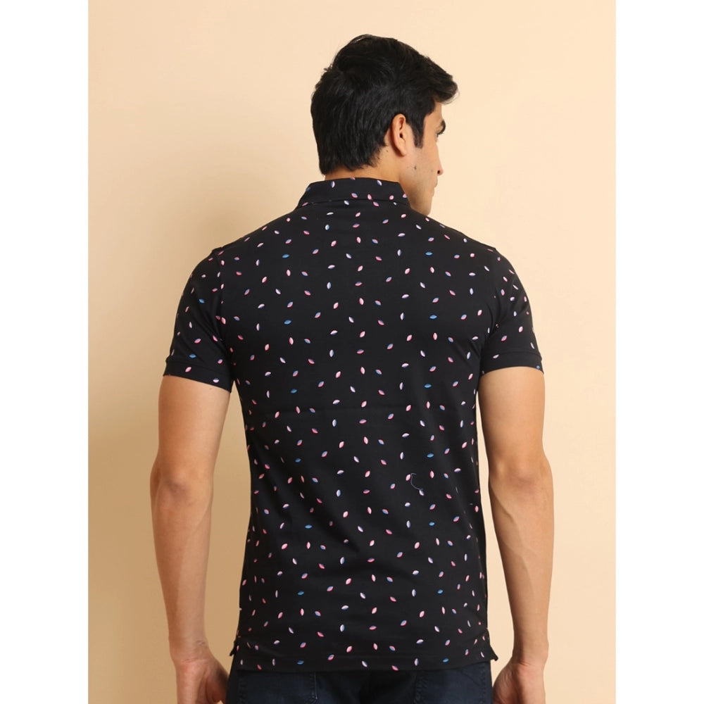 Indoraa Men's Casual Cotton Printed Polo Neck Half Sleeve T-Shirt (Black)