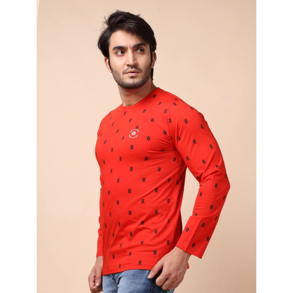 Indoraa Men's Casual Cotton Printed Round Neck Full Sleeve T-Shirt (Red)