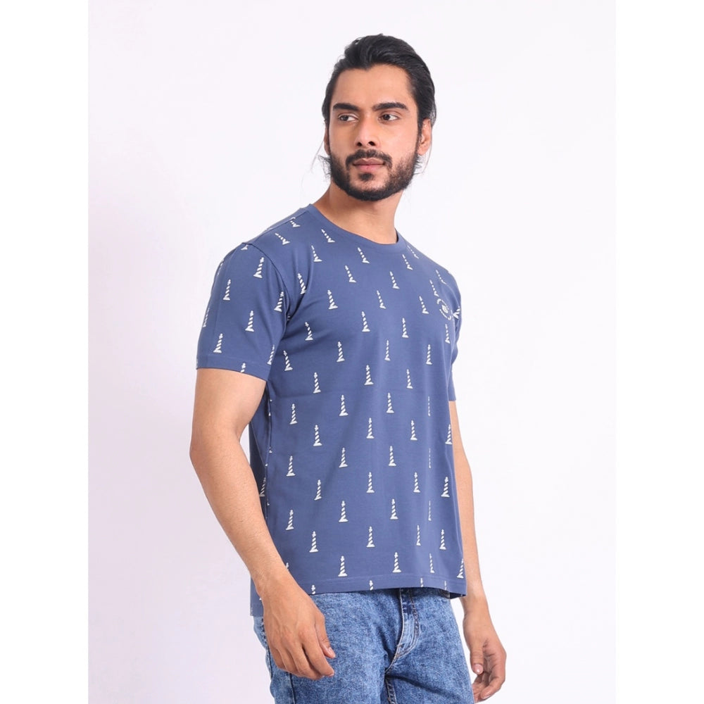 Indoraa Men's Casual Cotton Printed Round Neck Half Sleeve T-Shirt (Blue)