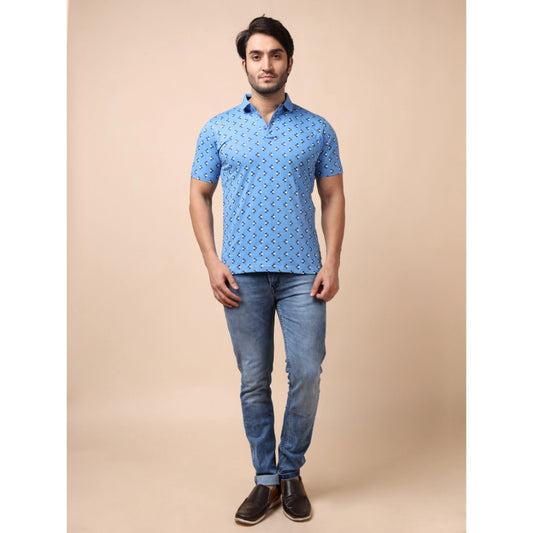 Indoraa Men's Casual Cotton Printed Polo Neck Half Sleeve T-Shirt (Blue)